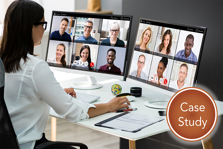 Women sitting in front of monitors during virtual meeting in this Case Study