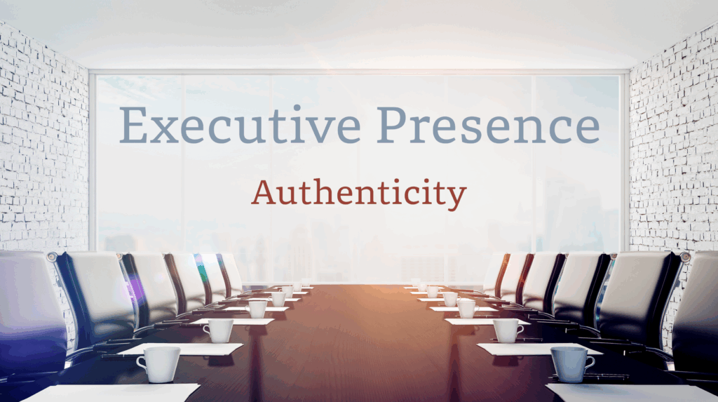 Executive Presence Authenticity text displayed in a modern conference room with a long boardroom table and city view.