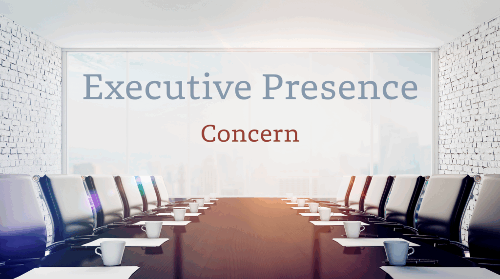 Executive Presence Concern text displayed in a modern conference room with a long boardroom table and city view.